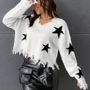 star pattern distressed drop shoulder sweater