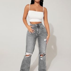 women’s high waist ripped wide leg gray jeans