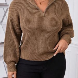 cozy zip front knit sweater in warm camel