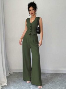 selianne women simple single breasted vest and wide leg pants suit