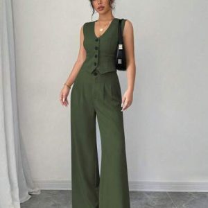 selianne women simple single breasted vest and wide leg pants suit