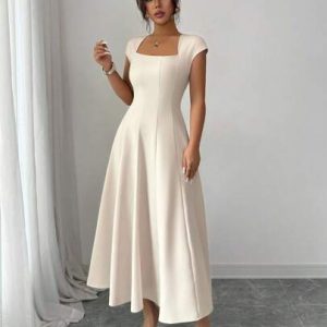 women’s square neck a‑line midi dress with cinched waist – elegant summer style