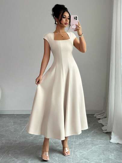women’s square neck a‑line midi dress with cinched waist – elegant summer style