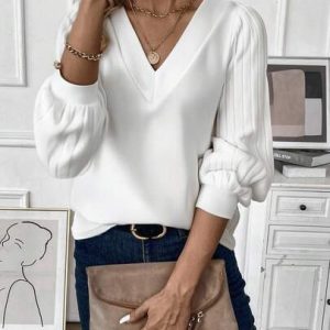 emery rose women's solid color v neck ribbed long sleeve casual loose t shirt, autumn