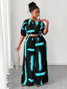 maweii plus size fashionable asymmetric collar printed 2 pieces set