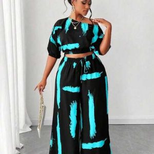 maweii plus size fashionable asymmetric collar printed 2 pieces set