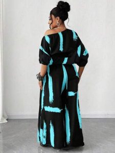 maweii plus size fashionable asymmetric collar printed 2 pieces set