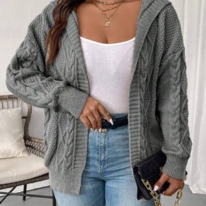 women’s hooded knit cardigan – cozy cable knit open front sweater