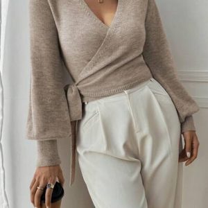 women’s wrap knit sweater – v‑neck long sleeve elegant top