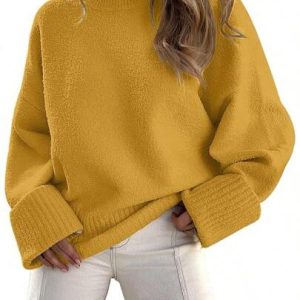 mustard yellow women’s knit sweater – loose fit casual pullover
