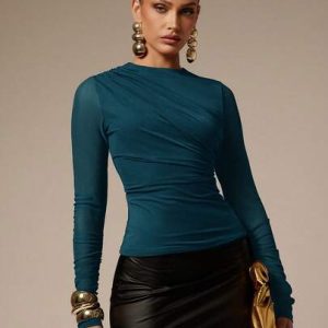 women’s asymmetrical ruched long sleeve top – elegant slim fit blouse