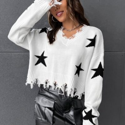 star pattern distressed drop shoulder sweater